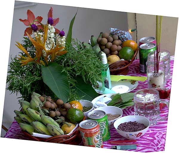 an offering of fruits and vegetables for a cambodian holiday